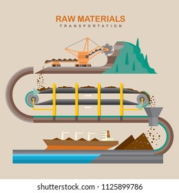 Konzept der Bergbauindustrie Transportdiagramm für Quarz und Rohstoffe. Vektorgrafik