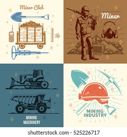 Mining industry concept in retro style with worker and mountain professional club and equipment  isolated vector illustration