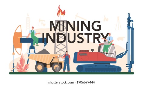 Mining industry concept typographic header. Mineral and natural resources extraction. Worker in uniform with pickaxe, jackhammer and wheelbarrow working in quarry. Vector flat illustration