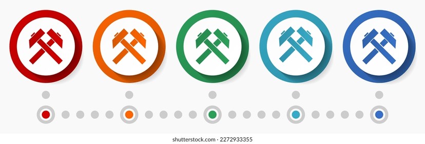 Mining, industry concept vector icon set, flat design colorful buttons, infographic template in 5 color options
