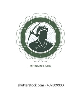 Mining Industry, Design Element, Miner Holding a Pickax on a Background of the Sunburst, Label and Badge Mine Shaft, , Vector Illustration 