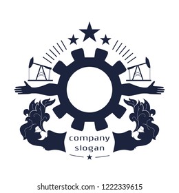 Mining industry emblem. Sign for branding. Human arms and cog wheel.