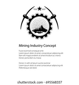 Mining Industry Emblem, Sunburst and the Mountains in Gear with Pickaxe and Star and Text, Poster Flyer Brochure Design, Vector Illustration 