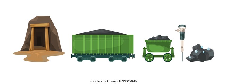 Mining industry equipment. Coal mine, wagons with coal, coal cart, diamonds, jackhammer cartoon vector illustration