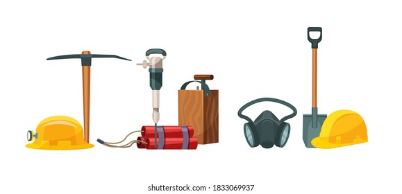 Mining industry equipment. Jackhammer, pickaxe, shovel, miner's helmet, helmet with lantern, explosives with a detonator, industrial respirator, cartoon vector illustration