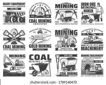 Mining industry equipment, machinery and miner tool isolated icons. Vector miner, helmet, pickaxe and hammer, iron, coal and gold mine excavator, dump truck and dynamite, bulldozer and cart symbols