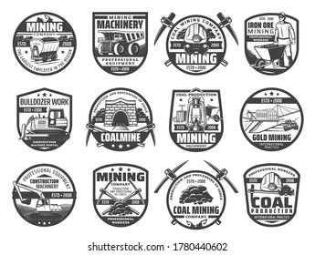 Mining industry equipment and miner isolated vector icons. Iron coal and gold mining dump truck and excavator, miner helmet, pickaxe, wheelbarrow and lamp, dynamite, bulldozer, rail cart and tunnel