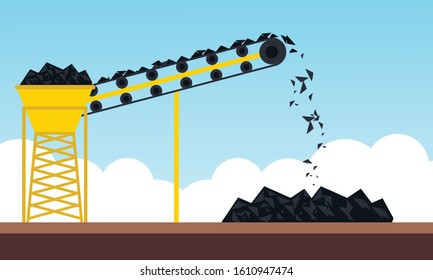 Mining industry flat composition with coal loading by excavator to truck on factory background vector illustration
