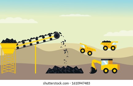 Mining industry flat composition with coal loading by excavator to truck on factory background vector illustration