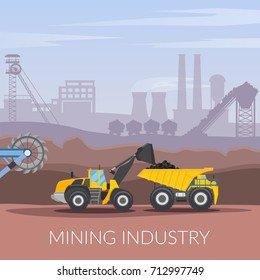 Mining industry flat composition with coal loading by excavator to truck on factory background vector illustration