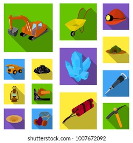 Mining industry flat icons in set collection for design. Equipment and tools vector symbol stock web illustration.