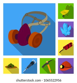 Mining industry flat icons in set collection for design. Equipment and tools vector symbol stock web illustration.