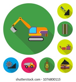 Mining industry flat icons in set collection for design. Equipment and tools vector symbol stock web illustration.