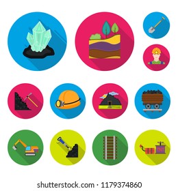 Mining industry flat icons in set collection for design. Equipment and tools vector symbol stock web illustration.
