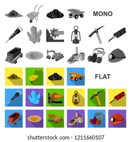 Mining industry flat icons in set collection for design. Equipment and tools vector symbol stock web illustration.