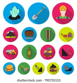 Mining industry flat icons in set collection for design. Equipment and tools vector symbol stock web illustration.