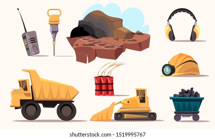 Mining industry flat vector illustrations set. Coal production. Extraction of minerals from earth. Raw materials industry. Mining equipment and tools. Transportation vehicles, bulldozer and lorry