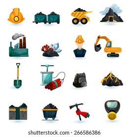 Mining industry gold coal and minerals extraction icons set isolated vector illustration