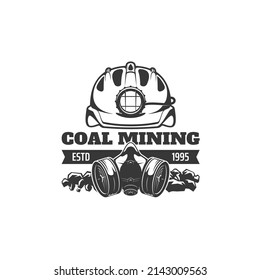 Mining Industry Icon. Fossil Fuel Production, Coal Mining Vector Monochrome Emblem Or Symbol With Miner Hard Hat Helmet With Headlamp, Gas Mask Or Respirator, Coal Chunks