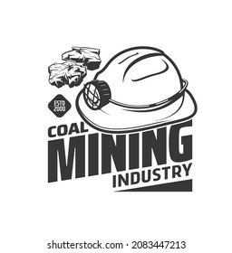 Mining industry icon with miner hat and coal or ore, vector. Coal mine or quarry excavation factory mining equipment and tools, hardhat with lamp, metal ore production and extraction