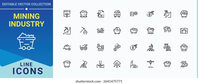 Mining Industry icon set. Containing gold, mine, pick, industry, industrial and more. Mining line icon set. Minimalist icons collection. Vector collections.