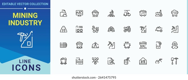 Mining Industry icon set. Containing gold, mine, pick, industry, industrial and more. Mining line icon set. Minimalist icons collection. Vector collections.