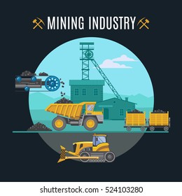 Mining industry icons round composition with flat symbols of mining technics buildings and editable title text vector illustration