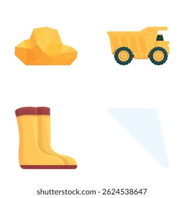Mining industry icons set cartoon vector. Mining equipment and gold nugget. Goldmine