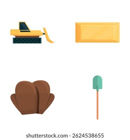 Mining industry icons set cartoon vector. Mining equipment and gold nugget. Goldmine