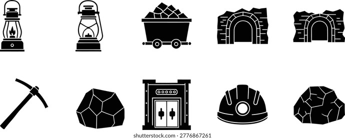 Mining industry icons set with excavation tools machinery mineral equipment