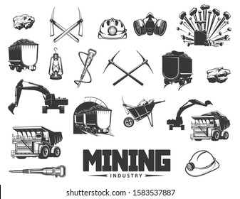 Mining industry isolated monochrome icons. Vector coal processing and production, extraction of minerals. Digging equipment, pick tools and wheelbarrow, miner helmet and excavator, boring machine