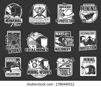 Mining industry isolated vector icons with miner tools and coal mine equipment. Miner helmet, pickaxe and oil lamp, dump truck, iron coal, rail cart and excavator, jack hammer and dynamite emblems