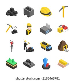 Mining industry isometric icons set. Mine. Extraction of minerals, resources. Equipment and rocks. Objects collection. Vector illustration