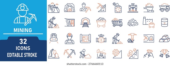 Mining Industry Line Icon Set  .Contain to related icons Coal, Miner, Excavation, Drill, Quarry, Equipment  Mineral Extraction and more. Editable Stroke Vector Collection.
