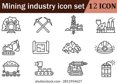 Mining Industry Line Icons Set with Excavator, Drill, Coal and Mine Equipment Vector Illustration