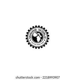 Mining industry logo gear globe pickaxe black white vector design