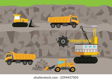 Industria minera con máquinas y carbón en carros en el campo de las minas 2d concepto de ilustración vectorial para banner, sitio web, ilustración, página de aterrizaje, volante, etc