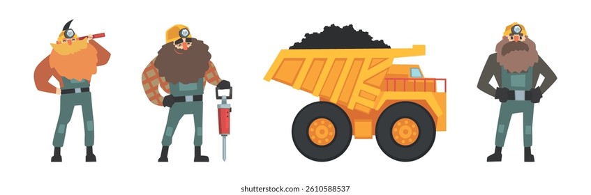 Mining Industry with Man Bearded Worker and Truck Vector Set