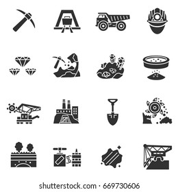Mining industry. Monochrome icons. Extraction of minerals from the earth