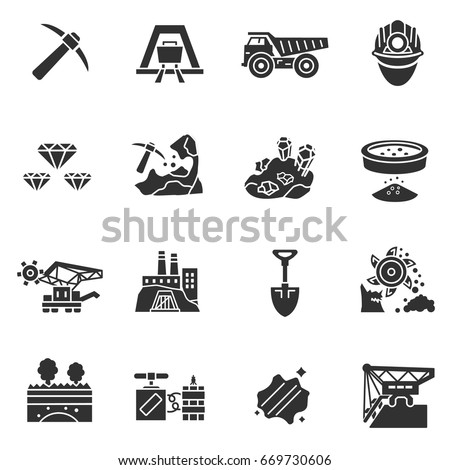 Mining industry. Monochrome icons. Extraction of minerals from the earth