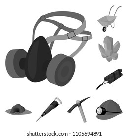 Mining industry monochrome icons in set collection for design. Equipment and tools vector symbol stock web illustration.