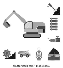 Mining industry monochrome icons in set collection for design. Equipment and tools vector symbol stock web illustration.