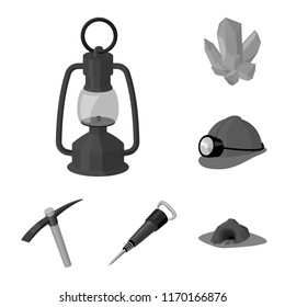 Mining industry monochrome icons in set collection for design. Equipment and tools vector symbol stock web illustration.