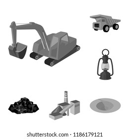 Mining industry monochrome icons in set collection for design. Equipment and tools vector symbol stock web illustration.