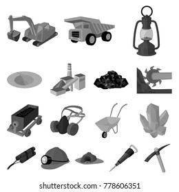 Mining industry monochrome icons in set collection for design. Equipment and tools vector symbol stock web illustration.