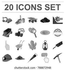 Mining industry monochrome icons in set collection for design. Equipment and tools vector symbol stock web illustration.
