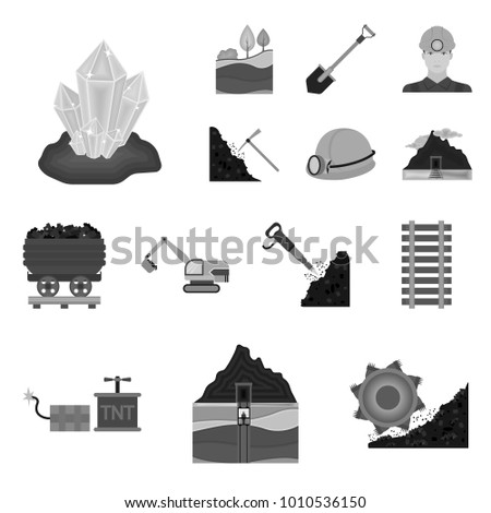 Mining industry monochrome icons in set collection for design. Equipment and tools vector symbol stock web illustration.