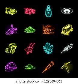 Mining industry neon icons in set collection for design. Equipment and tools vector symbol stock web illustration.