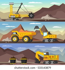 Mining industry orthogonal banners set with machineries and coal in trolleys on mountain background isolated vector illustration    