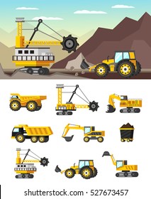 Conceito ortogonal da indústria mineira com extração de formações rochosas e conjunto de ícones com ilustração vetorial isolada